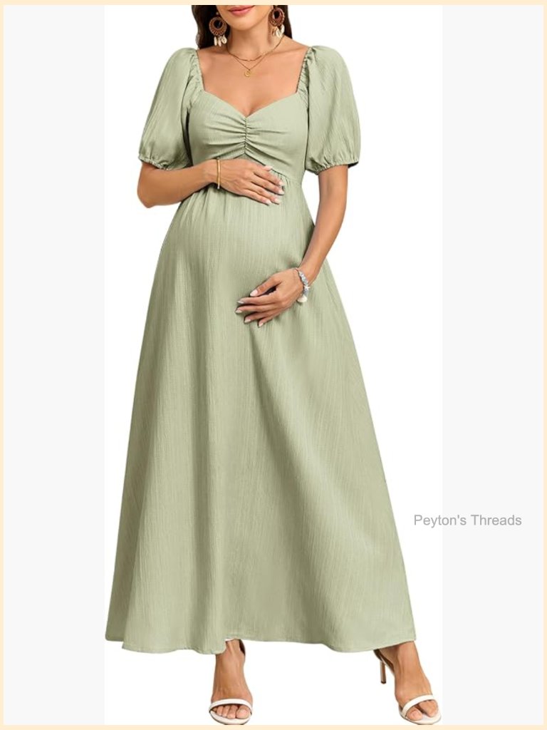 Ruched Sweetheart Neck Puff Sleeve Pleated A-Line Maxi Maternity Photoshoot